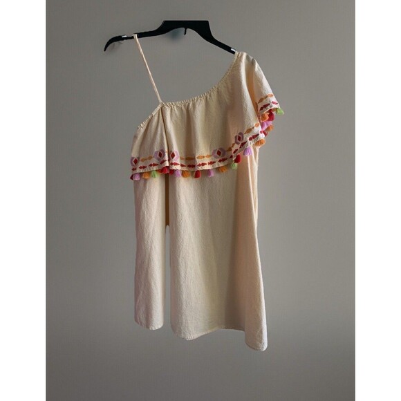 Piper One Shoulder  Ruffle Tassel Flirty Boho Mini Dress Peach Color Sz Small - Picture 4 of 9